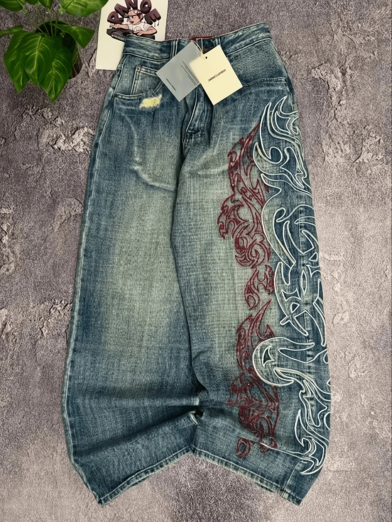 Men's Loose Fit Wide Leg Jeans Tribal Flame Embroidery Vintage Washed Denim Pants Streetwear Daily Wear