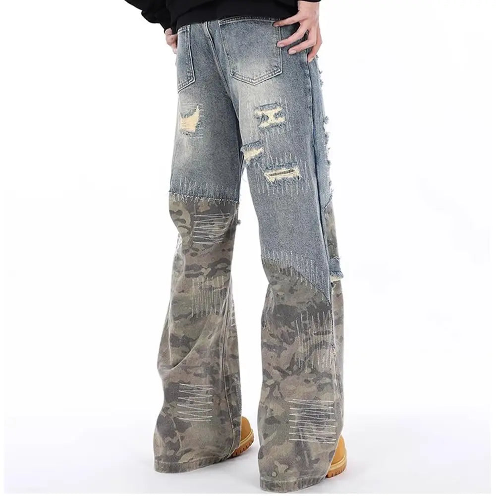 Men's Ripped Slim Fit Straight Leg Jeans Patchwork Camouflage Denim Pants