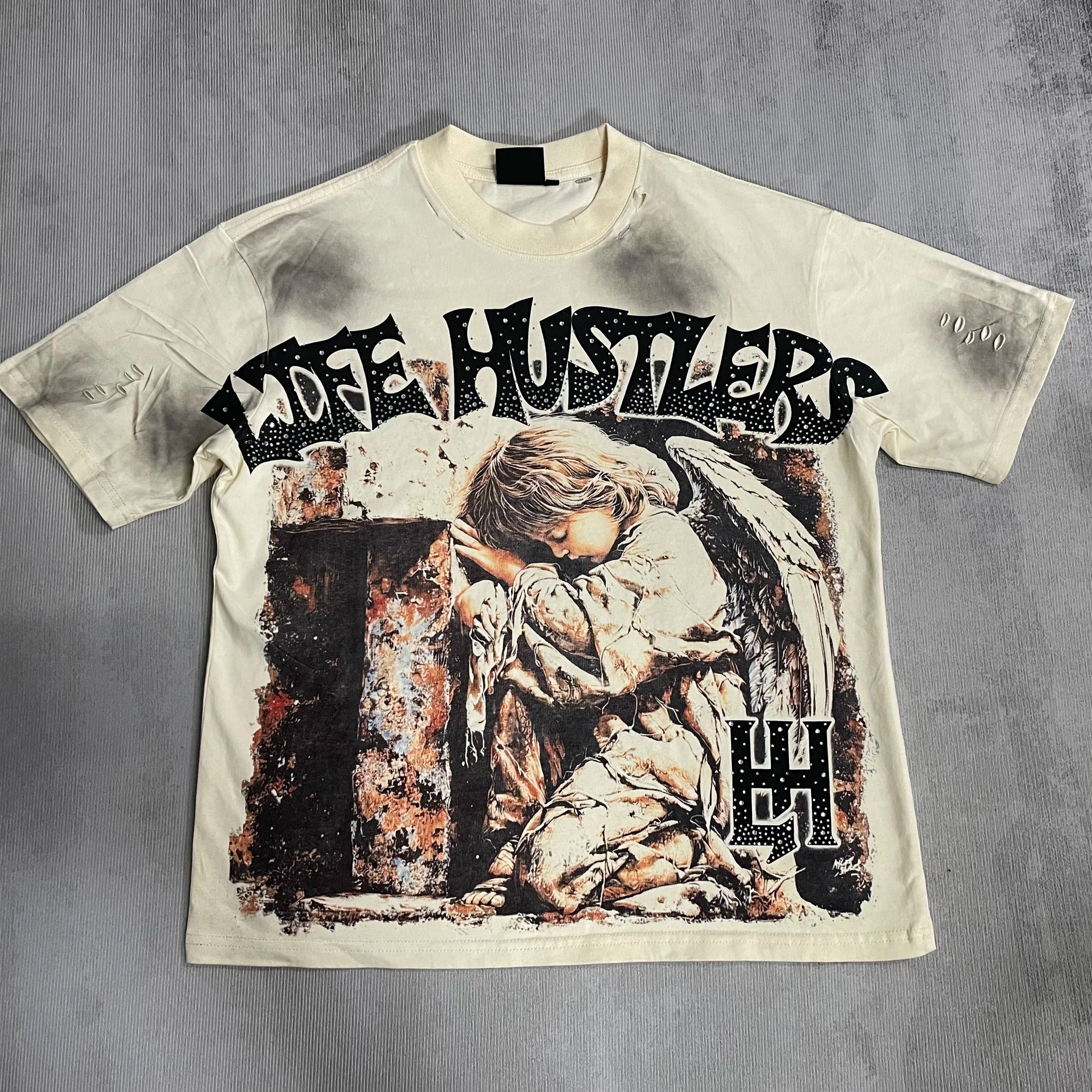 New fashion brand LIFE HUSTLERS Y2K hot stamping hole Men Women T-shirt Streetwear 100% Cotton Loose Round Neck Top Tees