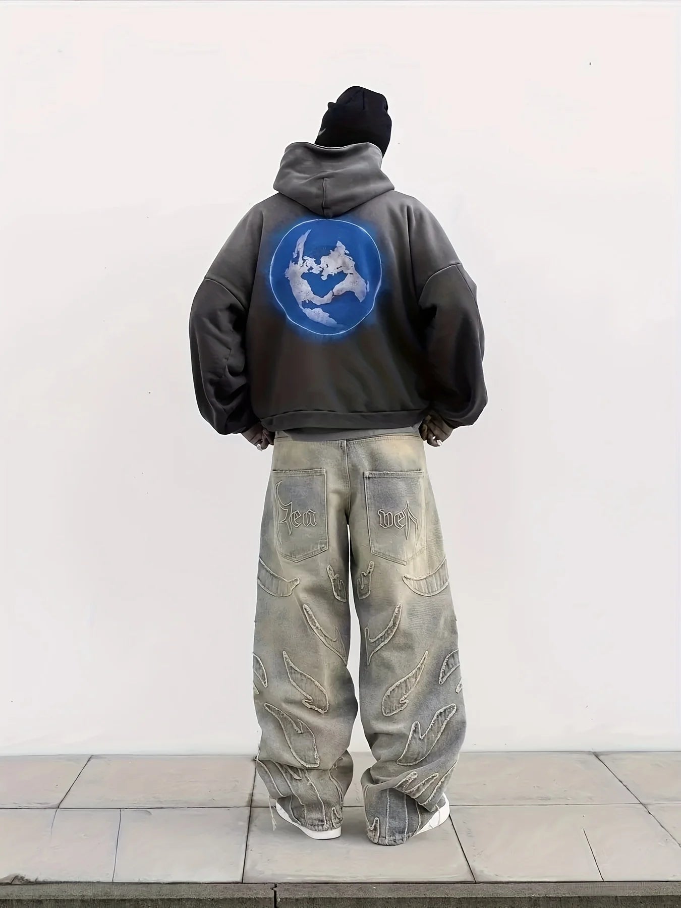 European and American Street Graffiti Wide-Leg Jeans for Men, Loose Oversize Vintage-Style Casual Trousers