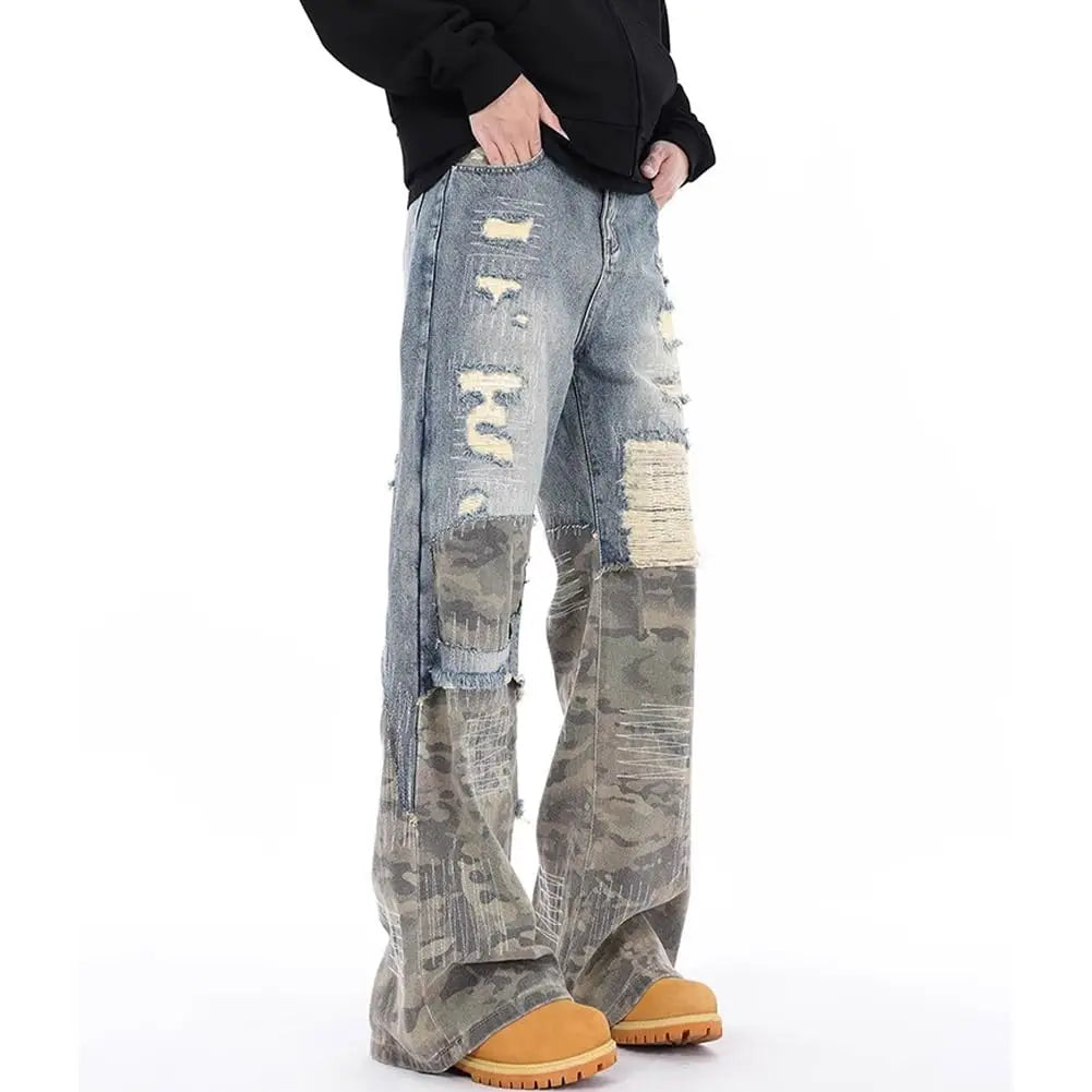 Men's Ripped Slim Fit Straight Leg Jeans Patchwork Camouflage Denim Pants