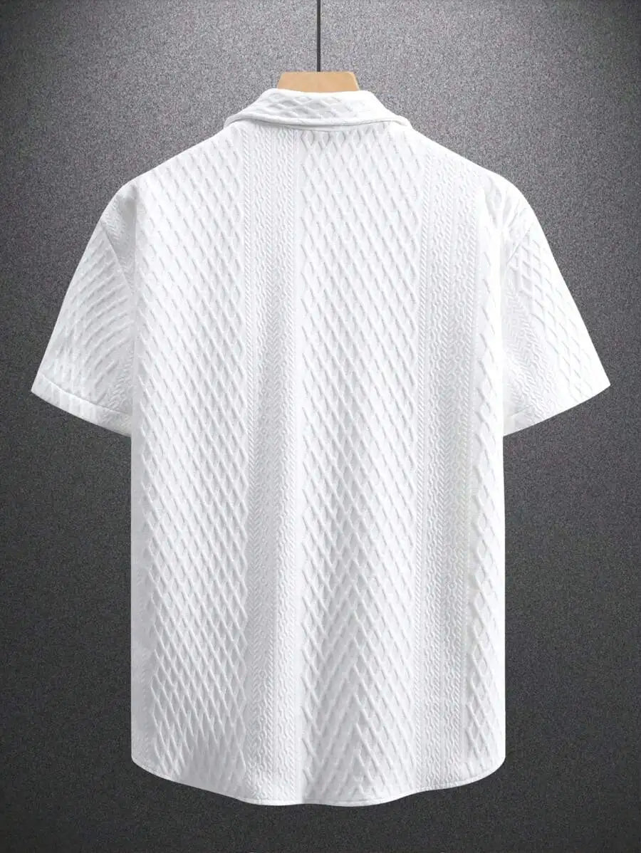 Men's Casual Short Sleeve Shirt with Textured Diamond Pattern, White