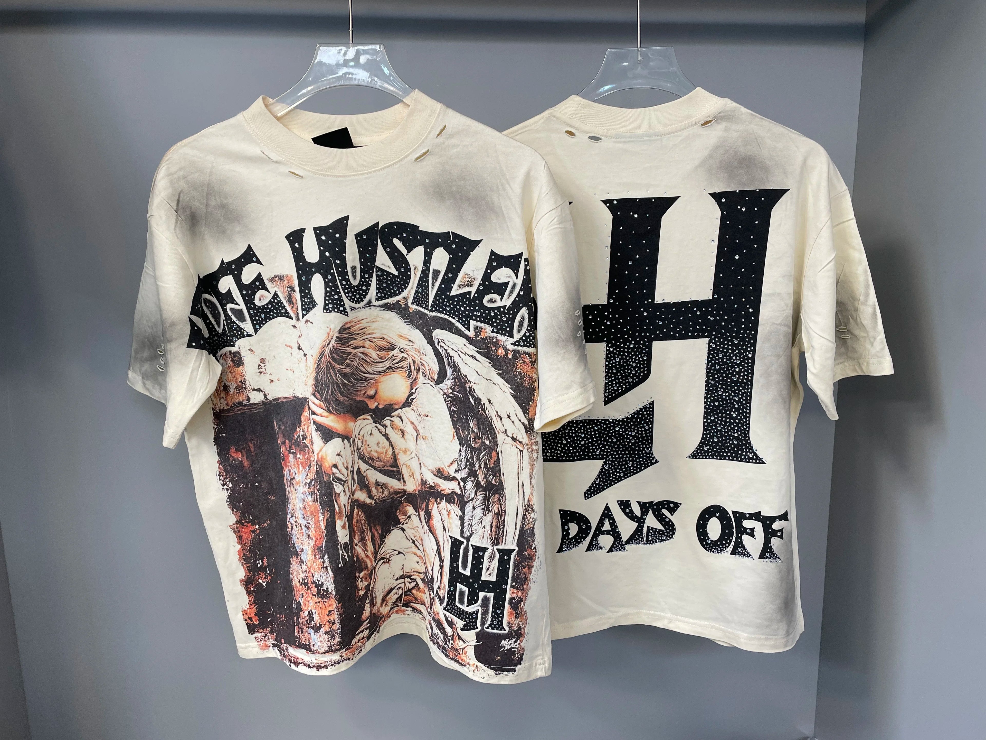 New fashion brand LIFE HUSTLERS Y2K hot stamping hole Men Women T-shirt Streetwear 100% Cotton Loose Round Neck Top Tees